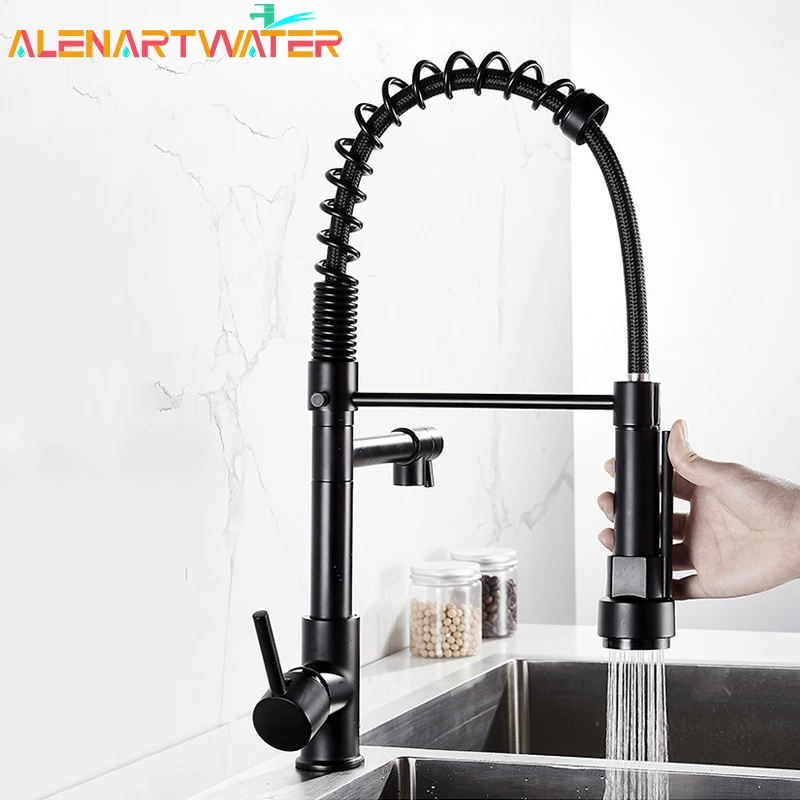 

Black Spring Kitchen Faucet Pull Out Side Sprayer Dual Spout 360 Rotation Mixer Tap Sink Faucet Single Handle Kitchen Faucets