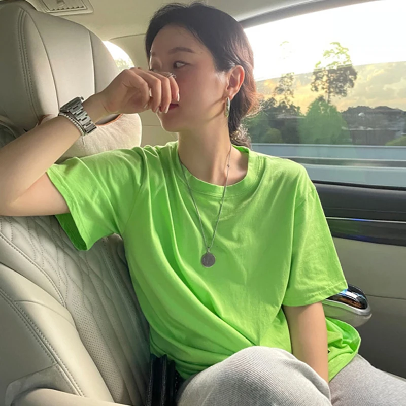

Korean Chic Summer Basic Round Neck Tender Green White Letter Patch Design Loose and Versatile Short-Sleeved T-Shirt Women