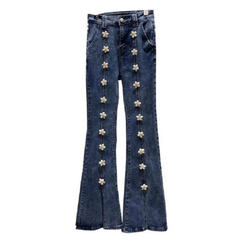 

Женские расклешенные джинсы с трехмерным цветочным принтом и разрезом, новые модные облегающие эластичные джинсовые брюки с высокой талие...