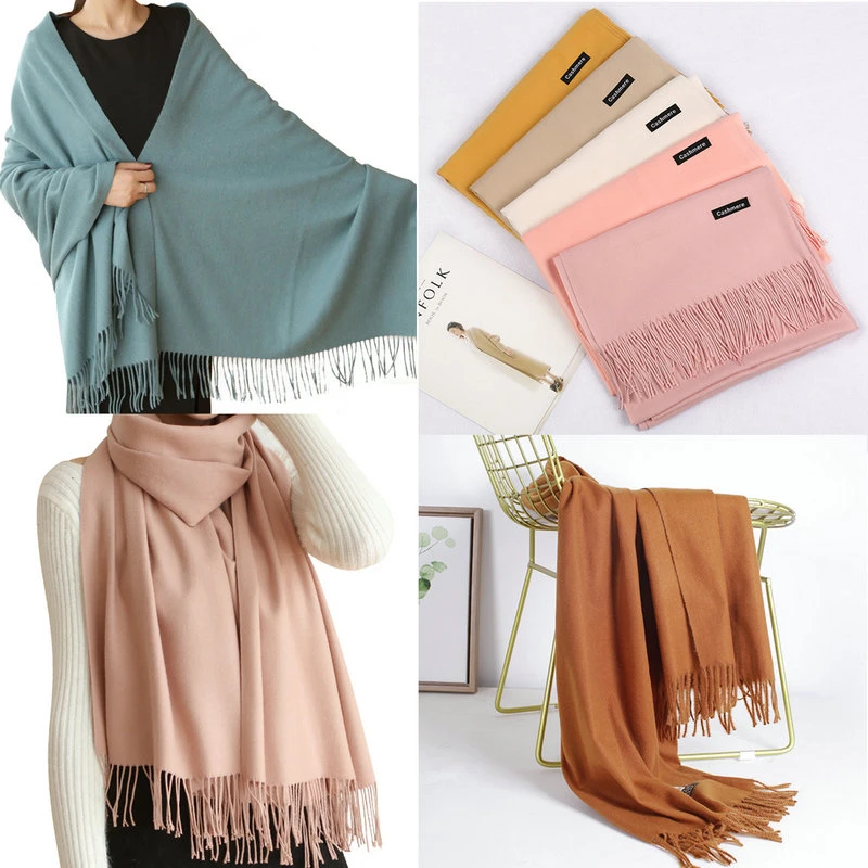 

Fashion Solid Color 2020 Women Scarf Winter Hijabs Tassels Long Lady Shawls Cashmere Like Pashmina Hijabs Scarves Wraps