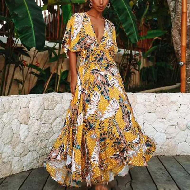 

Long Dress Women Casual Floral Bikini Cover Up Dress Chiffon Party Dresses V Neck Dress Short Sleeve Dress Sexy Beach Cover Up