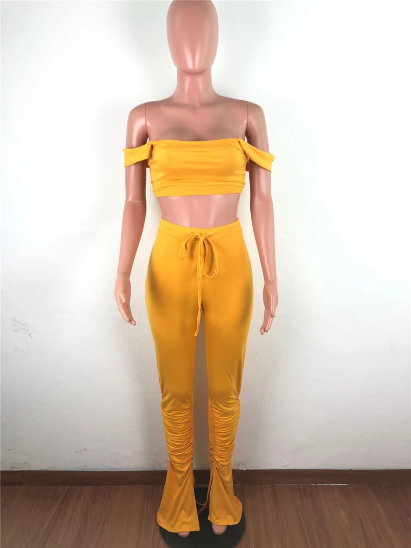 

Echoine 2020 Summer 2 Piece Set Women Crop Top And Stacked Pants Split Matching Sets Off Shoulder Club Outfits ClothesStreetwear