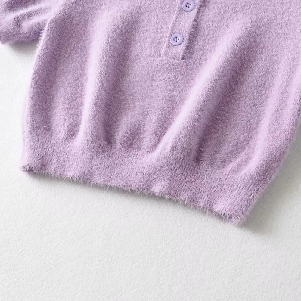 

2021 summer new women's clothing retro lapel short sleeve slimming solid color mohair knitted short top T-shirt