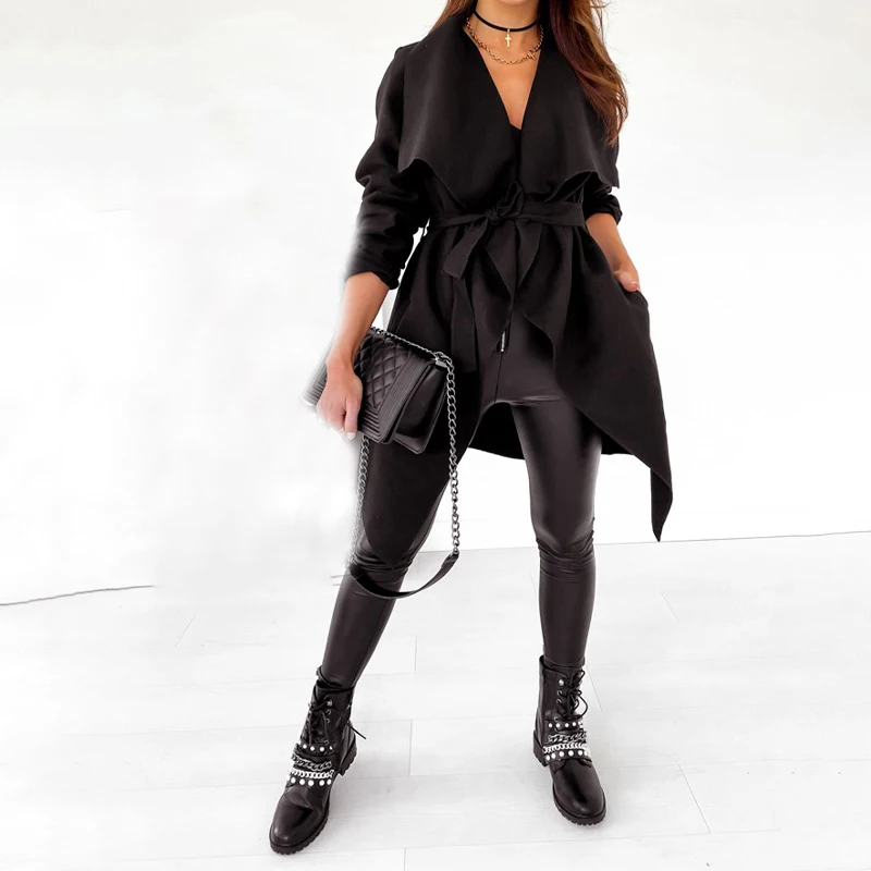 

Autumn Long Sleeve Open Stitch Women's Jackets Black Turn-down Collar Irregular Hem Coats For Women Streetwear Casual Lady Coat