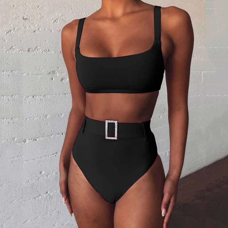 

2021 Pink Women High Waist Swimsuit Sexy Two Piece Bathing Suit Bikini Set Female Belt Bathing Suit Summer Bathers New