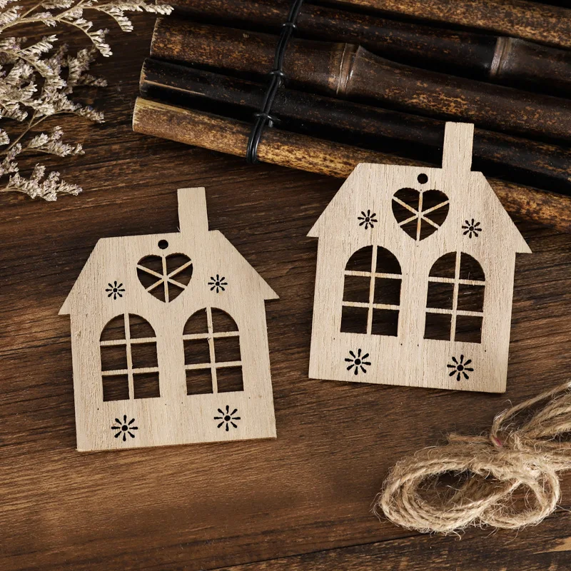 10pcsset navidad 2021 christmas house diy wooden pendant hanging tree ornament diy crafts party home decor noel new year 2022 free global shipping