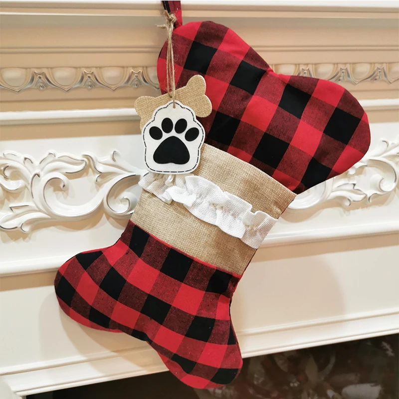 30pcs/lot New Year Gifts Sock Plaid Christmas Stocking Pet Fish Bone Socks Gift Decoration Bag Tree Pendant Party | Дом и сад