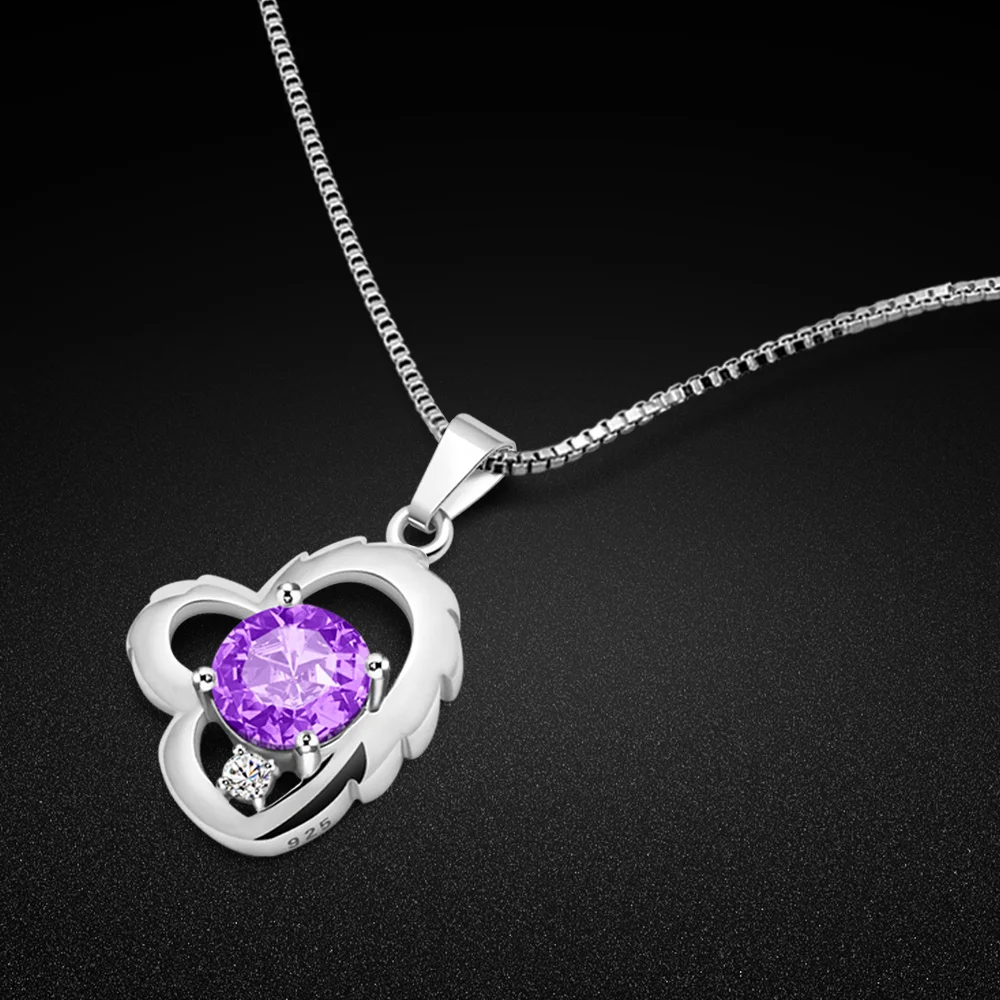 

OL Style Women's 100% 925 Sterling Silver Necklace Purple Zircon Pendant Box Chain 43-46CM Fine Jewelry Birthday Gift