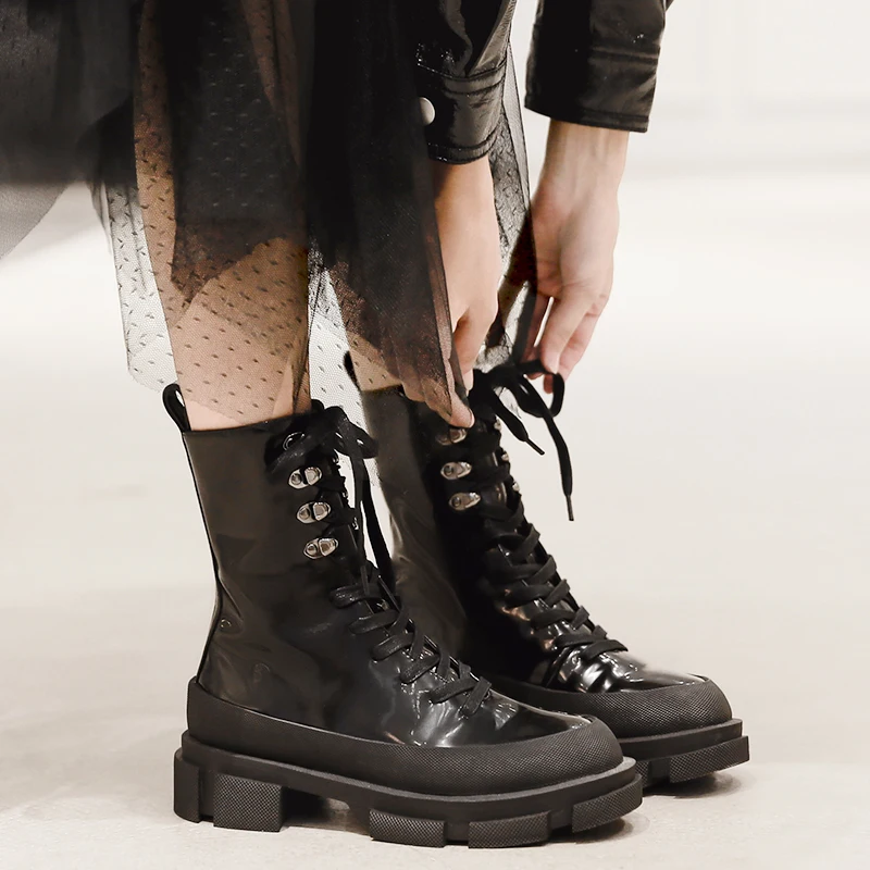 Женские ботильоны на платформе Зимние ботинки черные для верховой езды толстой