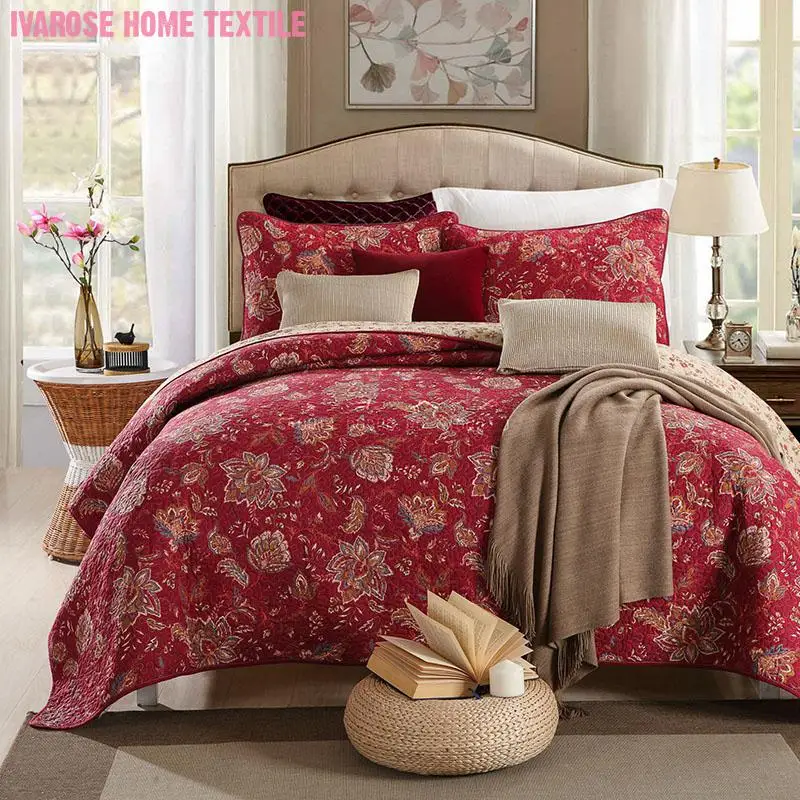 

Red Floral Quilt set Vintage Flowers Soft and Comfy 100%Cotton Quilted Bedspread Reversible Coverlet Bedding set Queen size 3Pcs