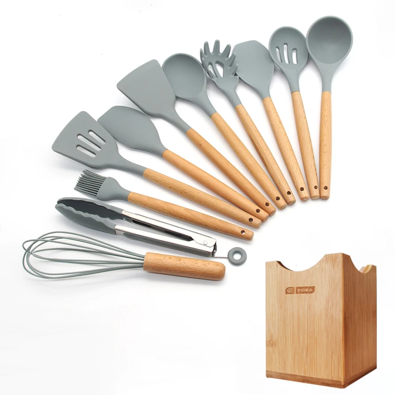 12-Pcs kitchen set Силиконовые набор для кухни 11/12/13 шт, кухонный набор,набор кухонных принадлежностей, антипригарным,деревянной с лопатки, ложка,половник,Кухня инструменты,кухонная утва,серый,кухонные принадлежности из силикона - Цвет: 12-Pcs kitchen set