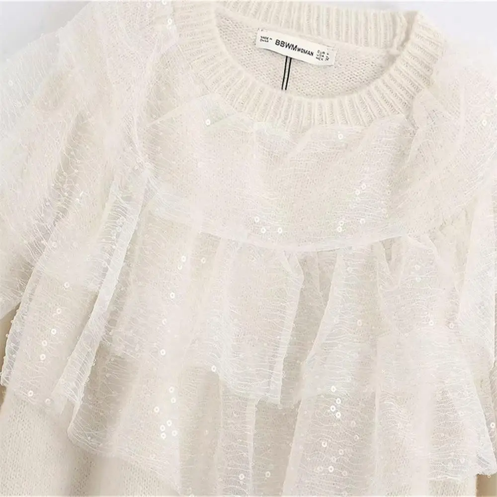 Женский свитер с блестками Za свободный длинными рукавами и круглым вырезом