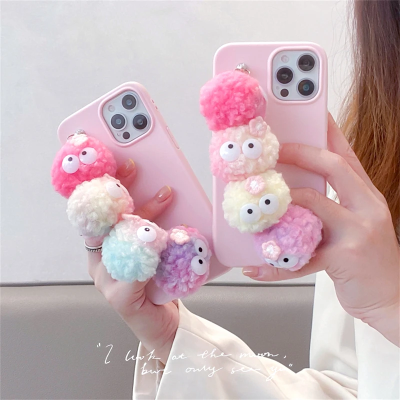 

INS Cute Color Hairball Bracelet Phone Case For iPhone 11 12 Pro XS Max Mini X XR 7 8 Plus SE Pink Soft Shockproof Back Cover