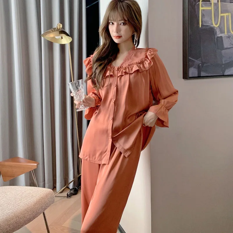 

2Pieces French Big Collar Ice Silk Fairy Vogue Elegant Long Sleeve Trousers Pajamas Sets Spring New Round Neck Pijamas