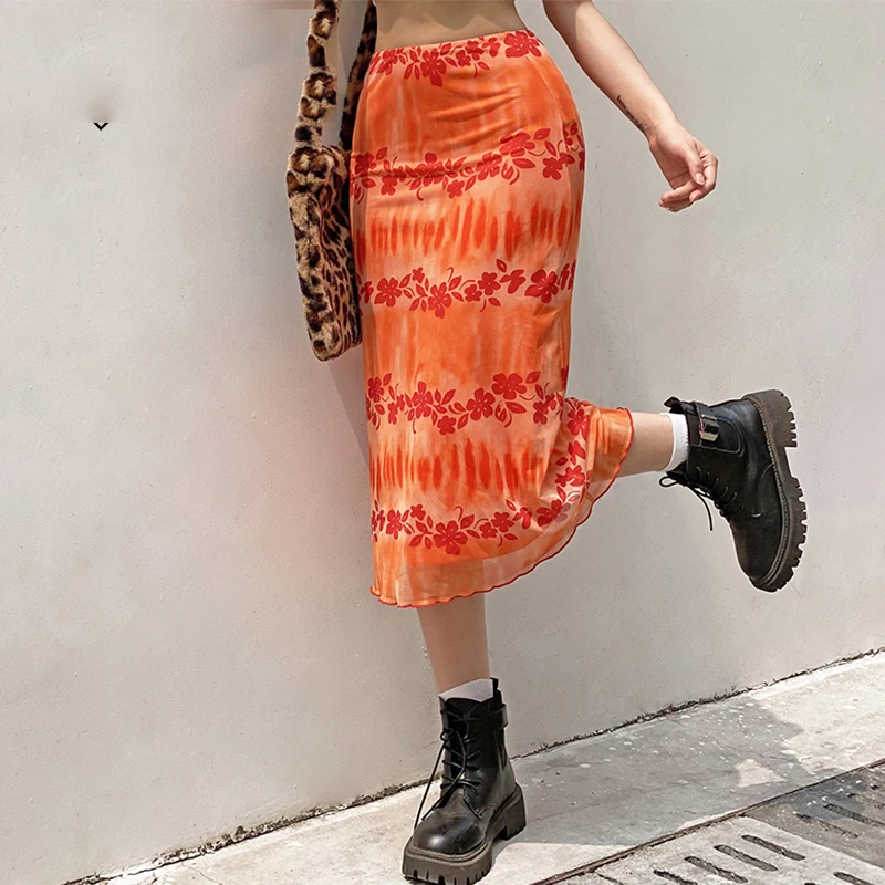 

Orange Floral Long Skirts y2k Summer Skirts Frill Sweet Cute Mid-Calf Skirts Women Beach Style Fashion Skirts Bottom
