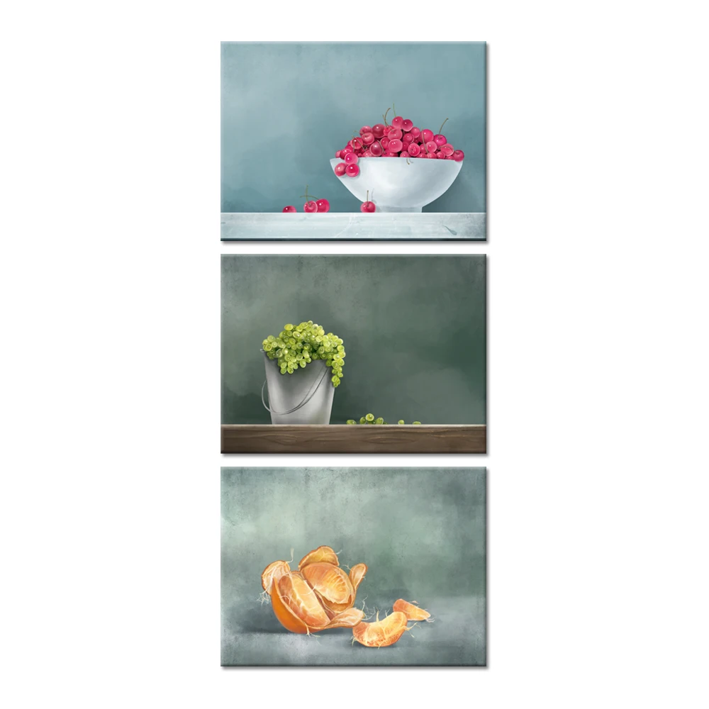 3 предмета фруктовый холст настенный арт оранжевый зеленый виноград вишня