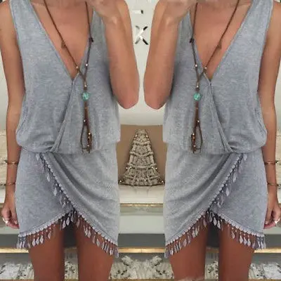 Женское пляжное платье с глубоким V-образным вырезом и кисточками | Женская
