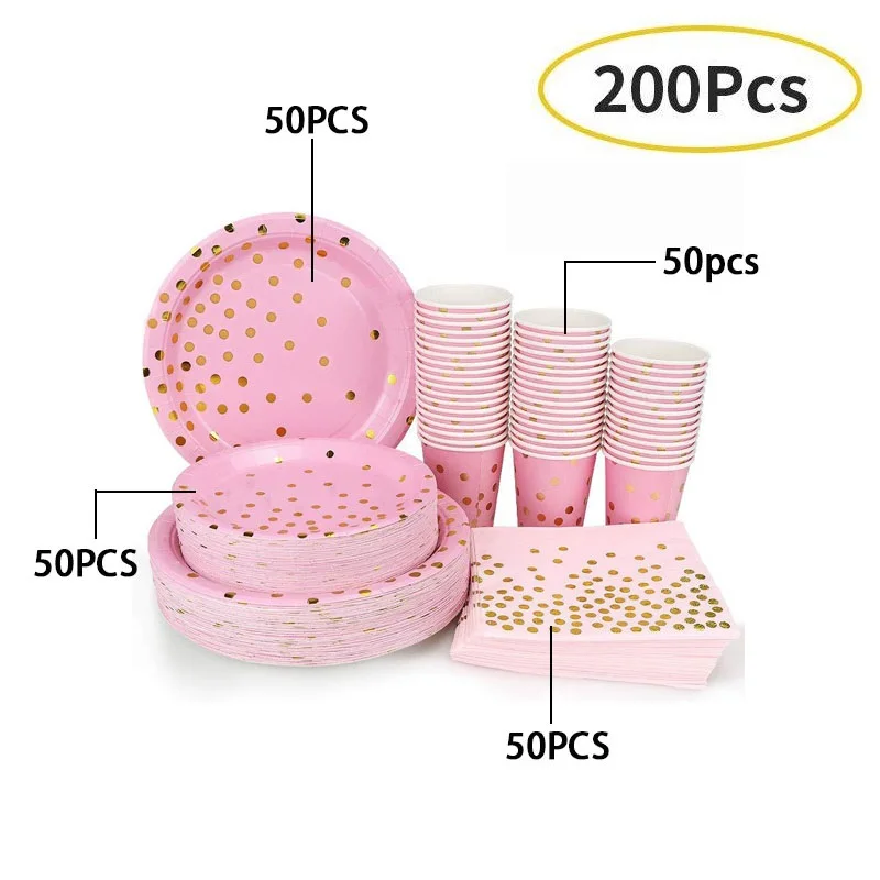 200pcs Pink set 200 шт одноразовые столовые приборы в Золотой горошек, набор для свадебной вечеринки, бумажные тарелки и стаканы из золотой металлической фольги, обеденные тарелки, десертный поднос для кухни - Цвет: 200pcs Pink set