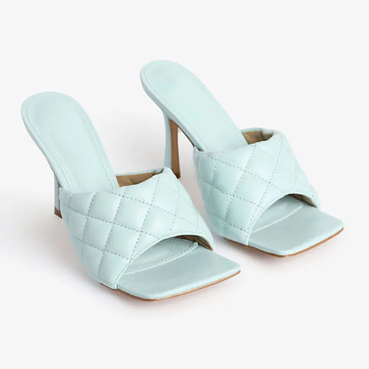 

2020 Woman Slipper Square Toe Natural Leather Shoes Rhombus Patten Summer Popular Hot Sell High Heel Slide Shoes Slip On Size42