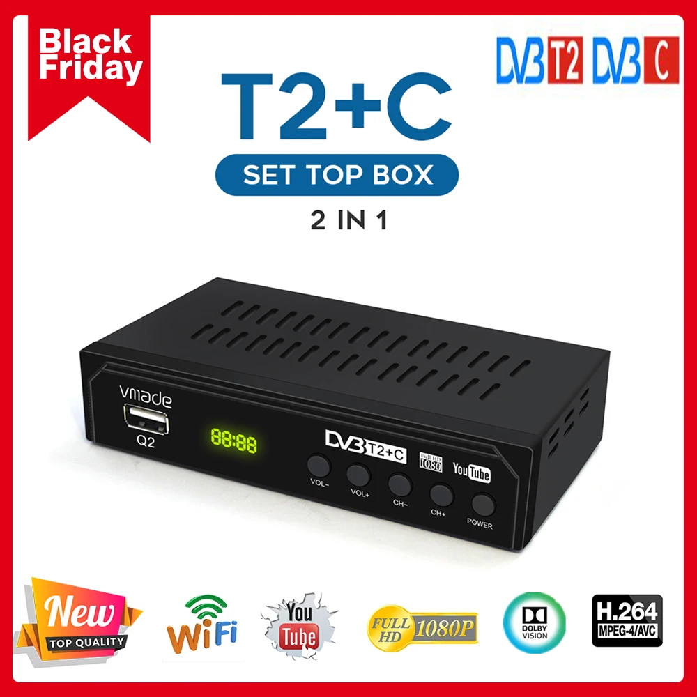 Новейший HD T2 ТВ тюнер DVB + C цифровой приемник Поддержка WIFI телеприставка H.264