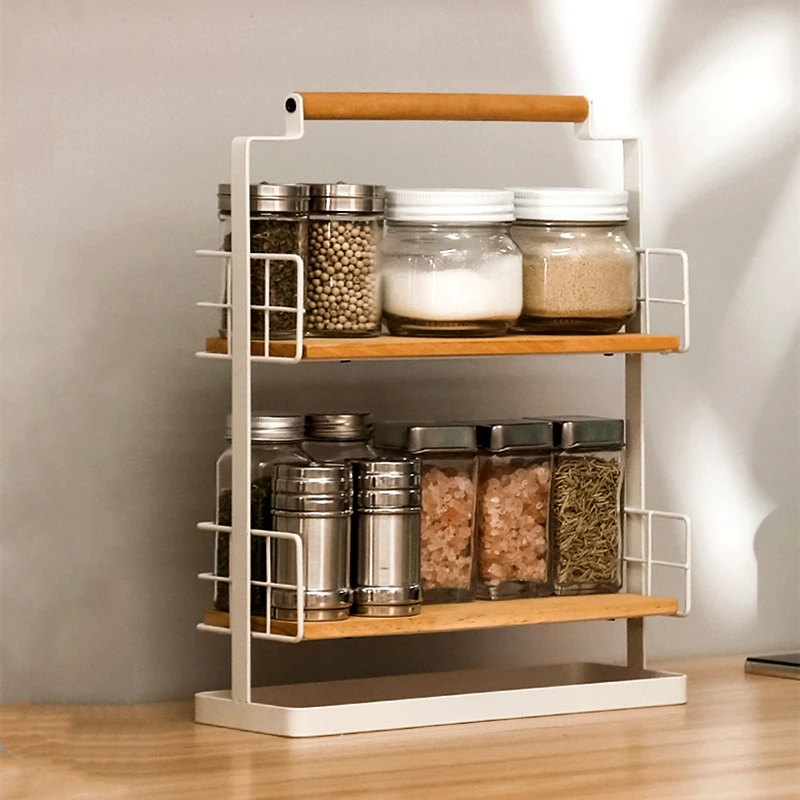 

2 Tier Metal and Wood Sink Stand Kitchen Spice Rack with Handle Seasoning Boxes Storage Shelf Accessories Container Organization