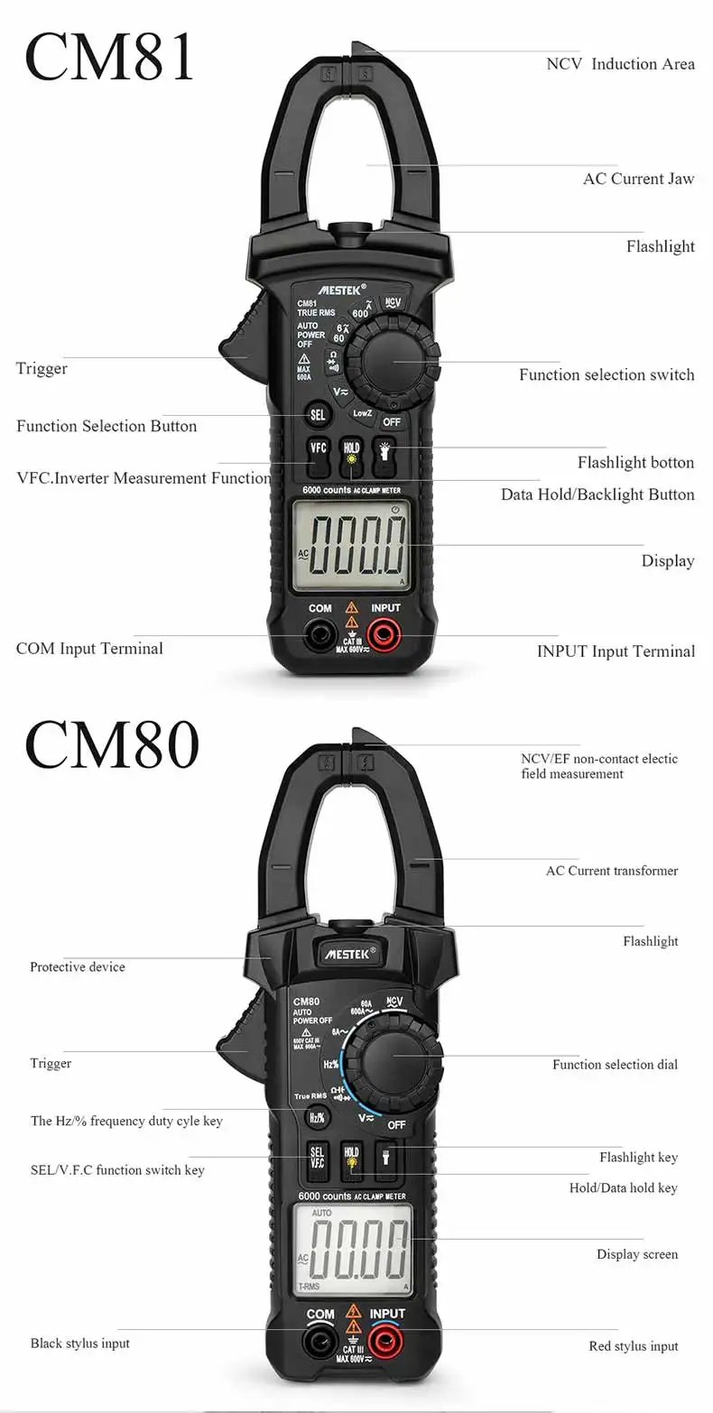MESTEK цифровой клещи CM80 True RMS Авто Диапазон AC DC 600A Емкость Частота Ток Сопротивление мультиметр с зондом
