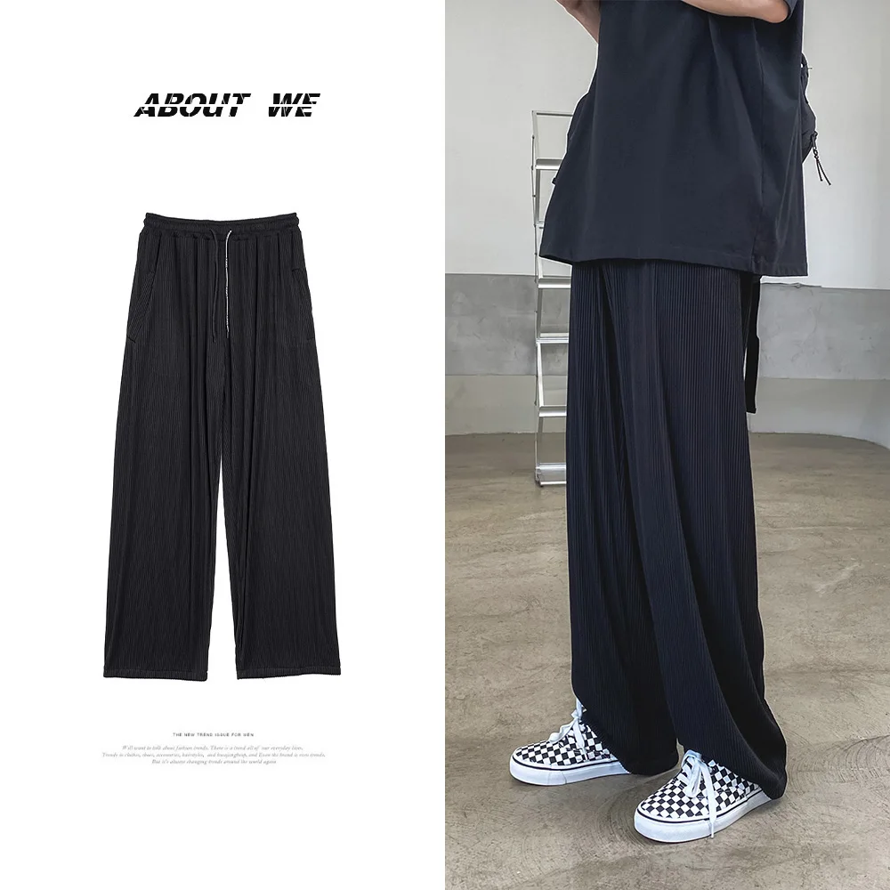 

Уютные зеленые повседневные брюки из ледяного шелка для мужчин, стильные свободные прямые брюки с широкими штанинами, эластичные серые корейские уличные серые