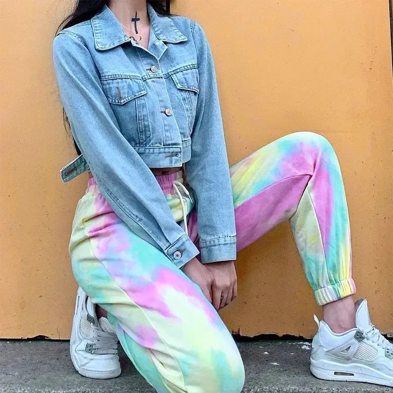 

Women High Waist Pants European Station Ins Fashion Personality Tie-dye Gradient Casual Loose Slim All-match Harajuku Clothes