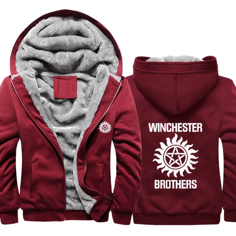 

Winter High Quality Supernatural winchester brothers Print Hoodies Mens Warm Thicken Fleece Zipper Sweatshirt Coat Hoody Male
