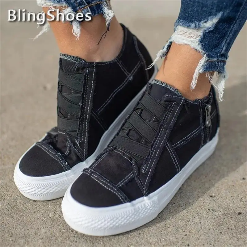 

Spring Sneaker Women Shoes Canvas Flat Shoes Round Toe Zipper Slip On Solid Female Sneakers Outdoor Flat Female Vulcanized Shoes