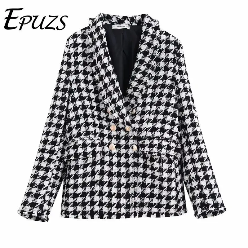 Женский твидовый блейзер в клетку повседневный двубортный пиджак для офиса зима