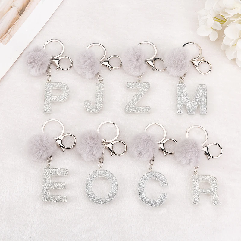 

1PC Keyring Silver Color English Letter Keychain with Puffer Ball 26 English word Glitter Resin A TO Q Handbag Charms for Woman