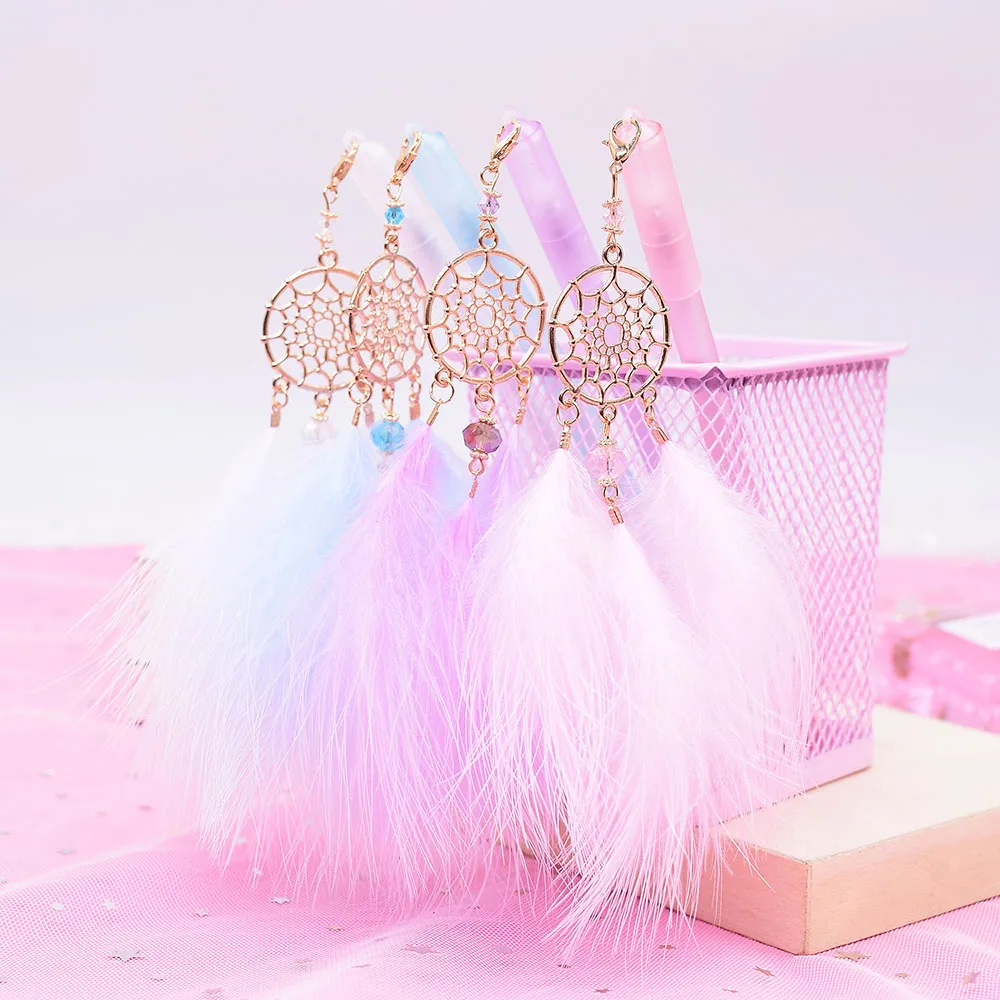 

2Pcs Gel Pen Kawaii Dreamcatcher Feather Pendant Neutral Pens for School Gift Writing Office Supplies Stationery Novelty Item