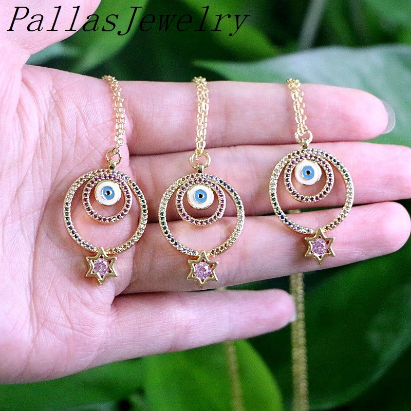 

10Pcs Multi-color CZ Micro pave round pendant necklace Charm Gold Color Eye Enamel Pendant Statement Necklace