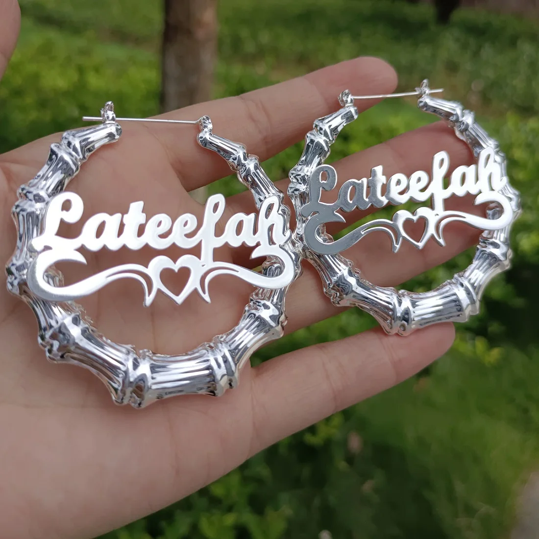 Large Bamboo Earrings Party Name Earrings Personalized Bamboo Heart Hoop Earring Brincos Customize Name Earring Polplar Cережки
