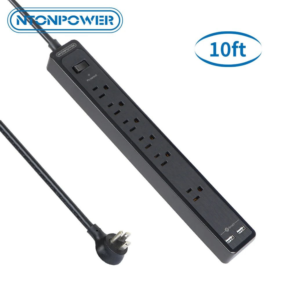 

NTONPOWER Wall Mounted Surge Protector US Power Strip Black With 10ft Extension Cord Slim Design USB Plug For Home Dorm Room