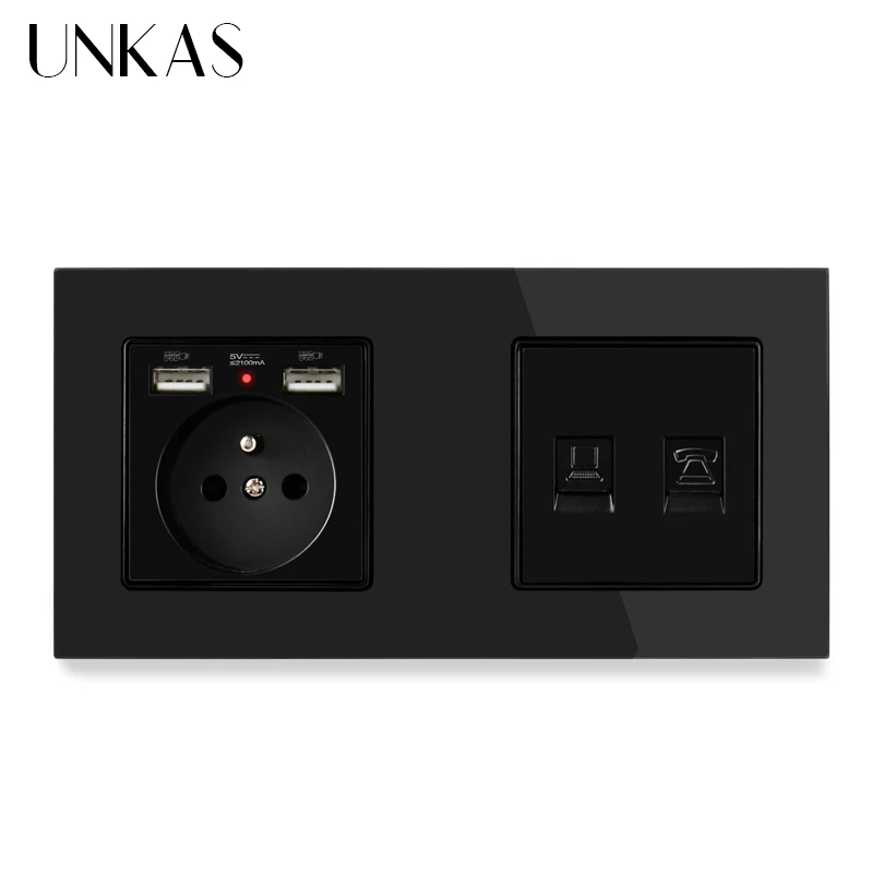 Французская стандартная настенная розетка UNKAS со стеклянной панелью и 2