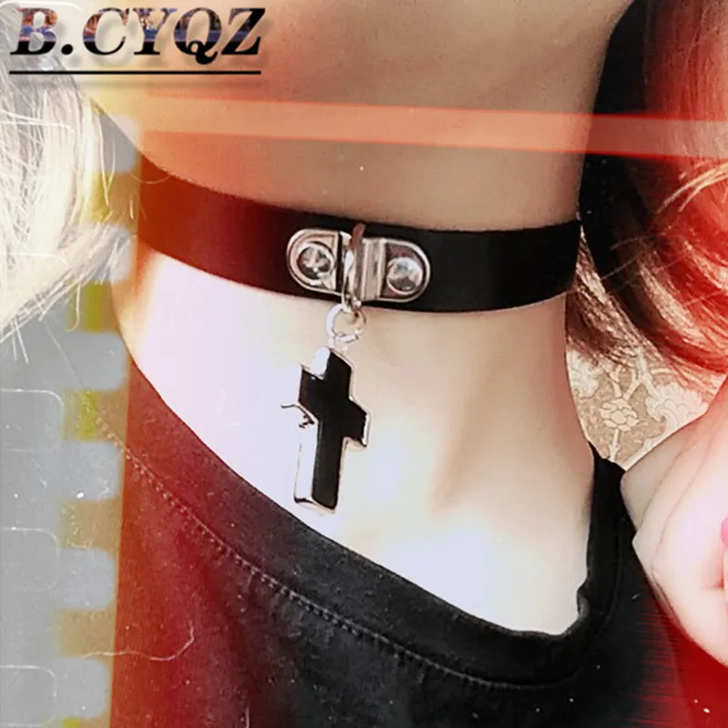 

B.CYQZ Punk Gothic Sexy Black Pu Leather Metal Cross Round Choker Necklace For Women Fetish Couple Toy Sexy Accessory
