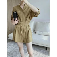 hong kong style simple straight high waist thin v neck tooling jacket shorts coveralls 2021 autumn new womens fashion rompers