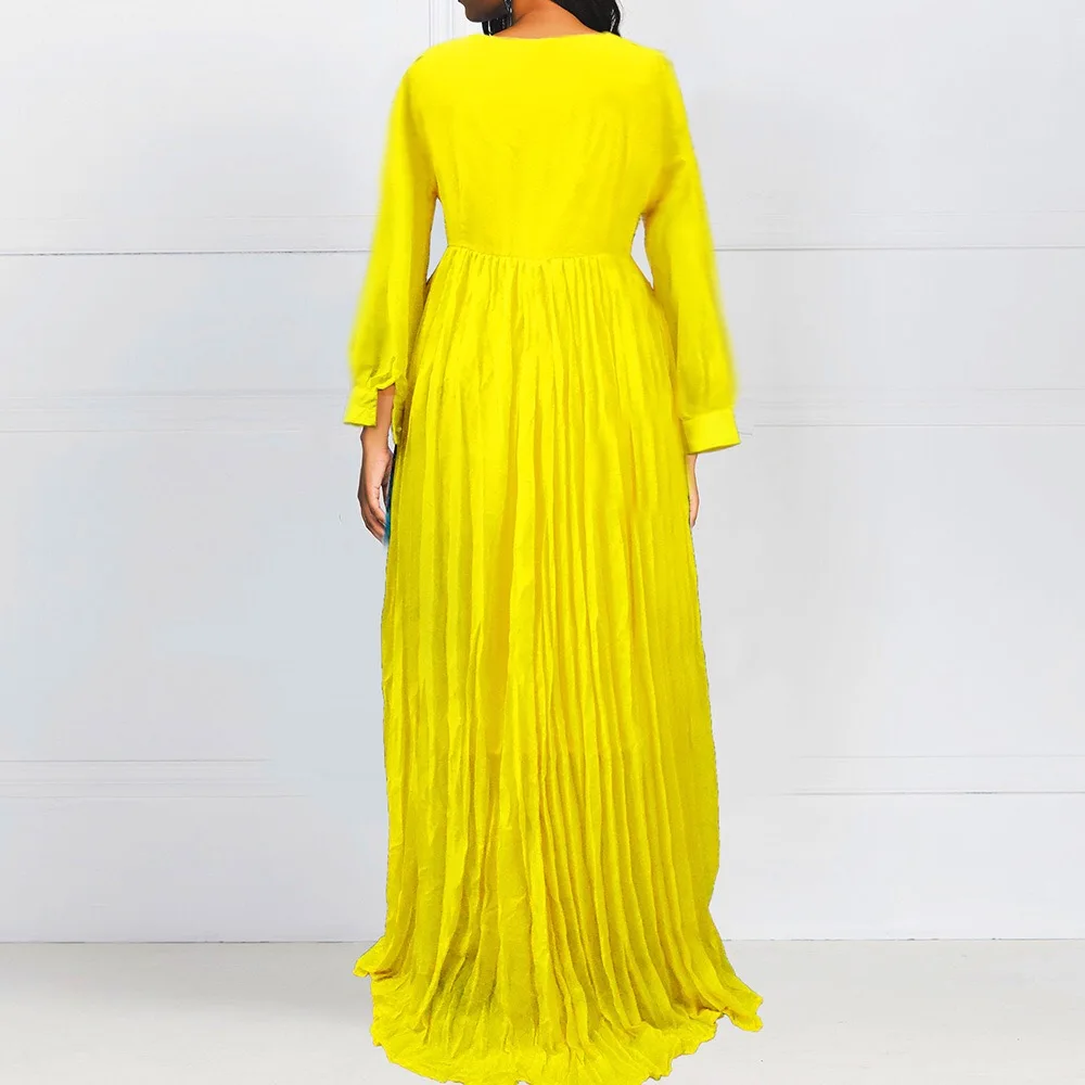 Платья размера плюс желтое платье с длинным рукавом элегантное свободное в пол v