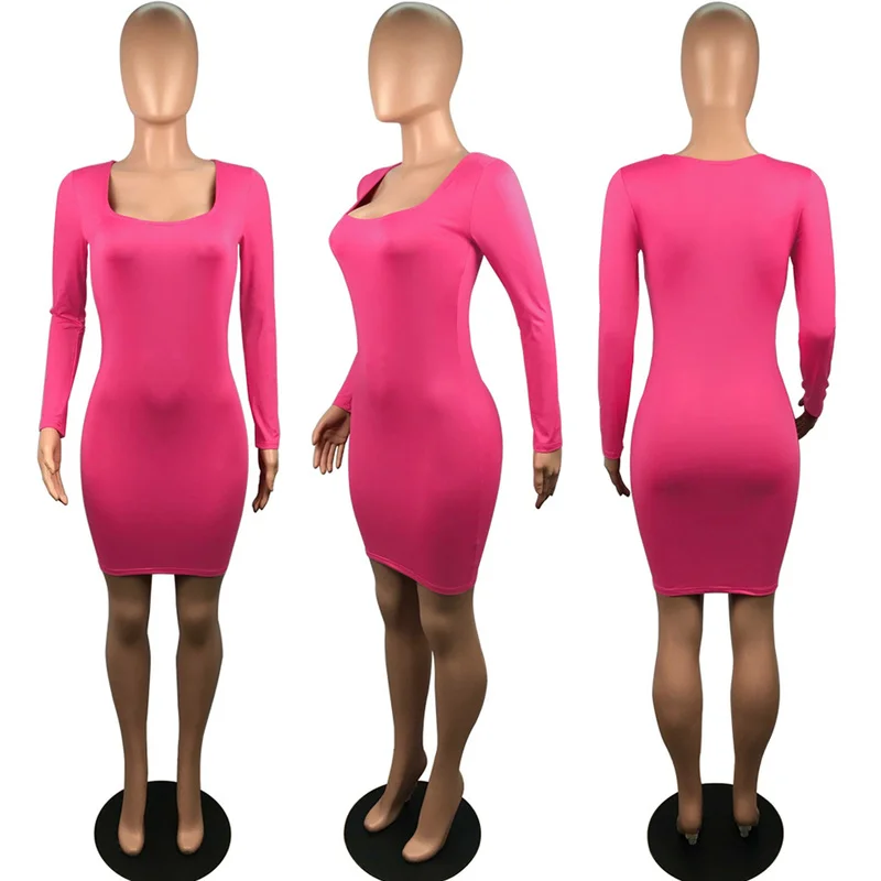 

Stretch Square Neck Mini Dress Low Cut Sexy Short Bodycon Dress Skin Tight Fitted Sukienka Women Long Sleeve Dress Night Party
