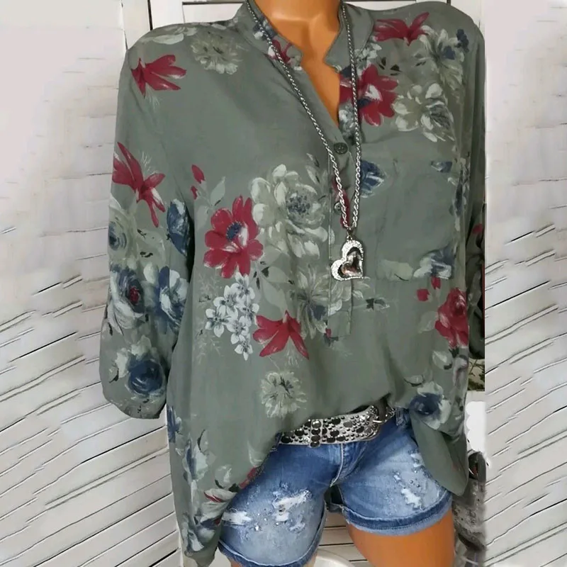 2019 Осенняя женская рубашка модная с v-образным вырезом длинными рукавами