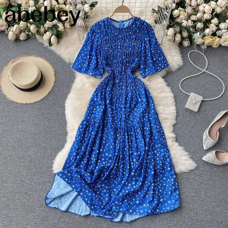 

Women Retro Floral Dress Korean Puff Sleeve O Neck A-line Ruffles Dress Summer Bohemian Print Vacation Midi Long Dress