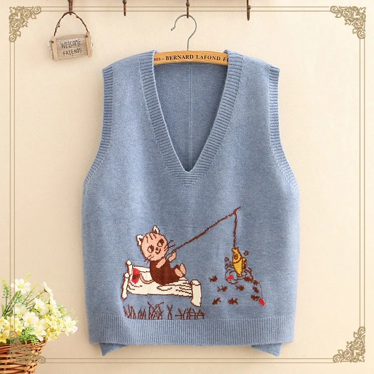 Повседневный милый жилет с мультяшным котом и рыбкой 5 цветов v образным вырезом