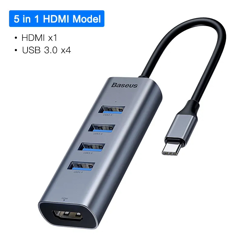 5 in 1 HDMI USB HUB Baseus USB C концентратор USB для мульти HDMI USB 3,0 RJ45 Кардер ридер OTG адаптер USB разветвитель для MacBook Pro Air USB док-станция type C концентратор - Цвет: 5 in 1 HDMI USB HUB