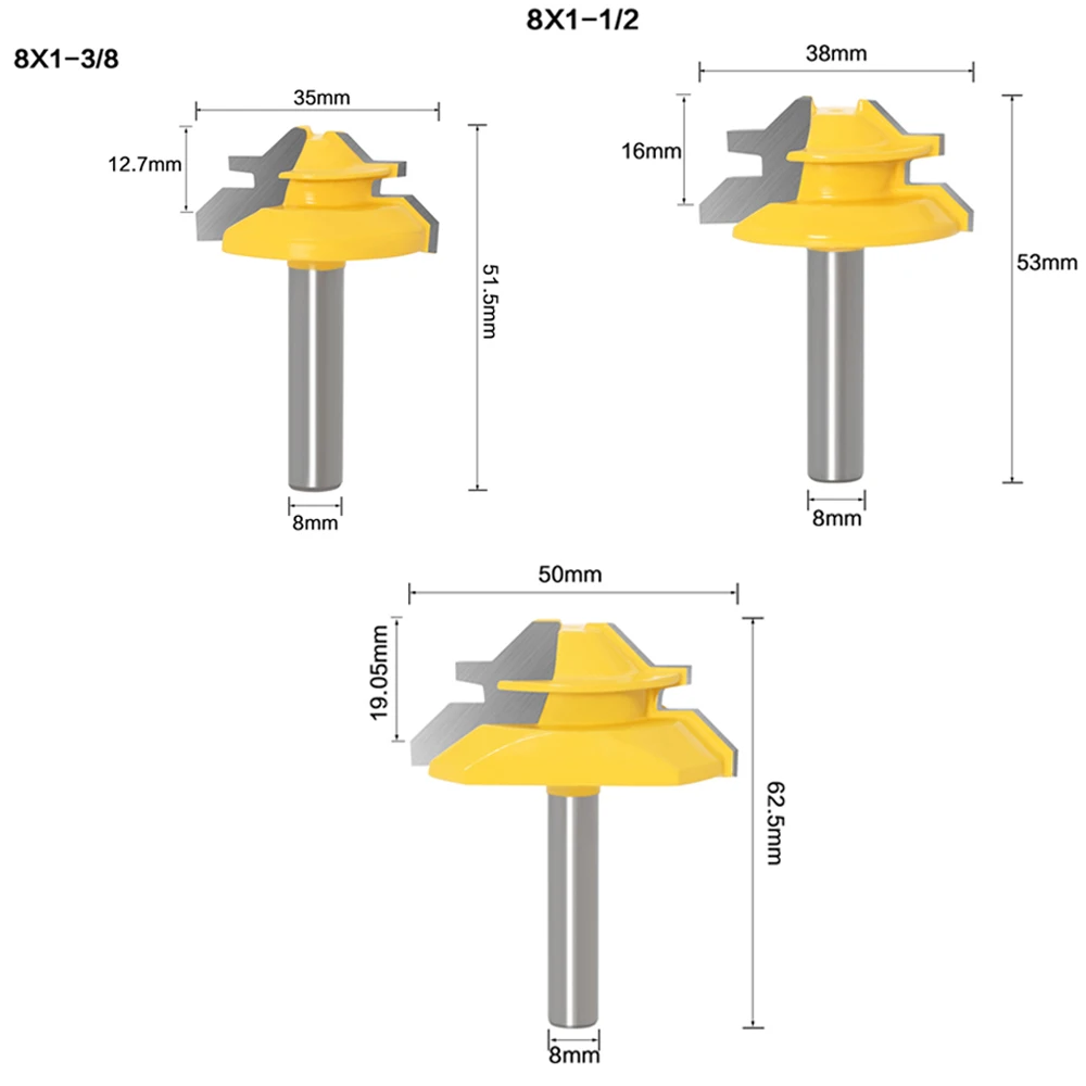 

3PCS 8MM 45 Degree Lock Miter Router Bit Tenon Drilling Milling Cutter Woodworking Tool for Wood Tools R0.45