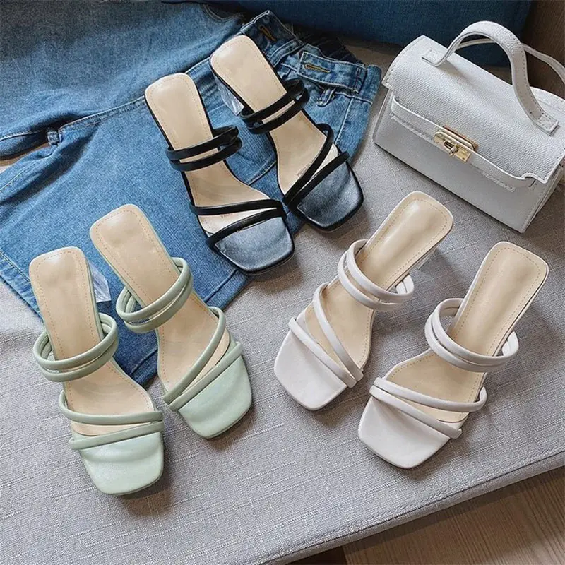 

Romanesque Women's Outdoor Slippers With Transparent Thick High Heels Square Toe Brand Design Sexy Comfortable Shoes 2021 New