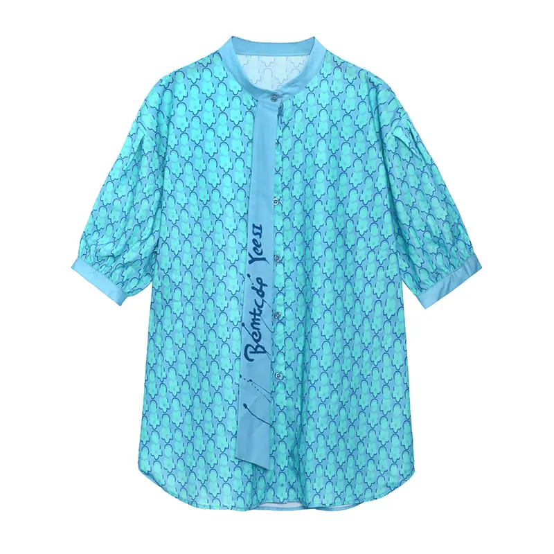 

XITAO New Women Casual Shirt Asymmetrical Print Splicing Loose O-neck Collar Three Quarter 2021 Summer Fashion All-match CLL1352