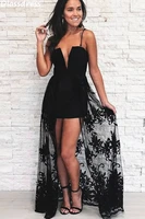 black cocktail dress mini skirt spaghetti strap deep v neck tulle applique laces detachable train formal dress robe de soiree