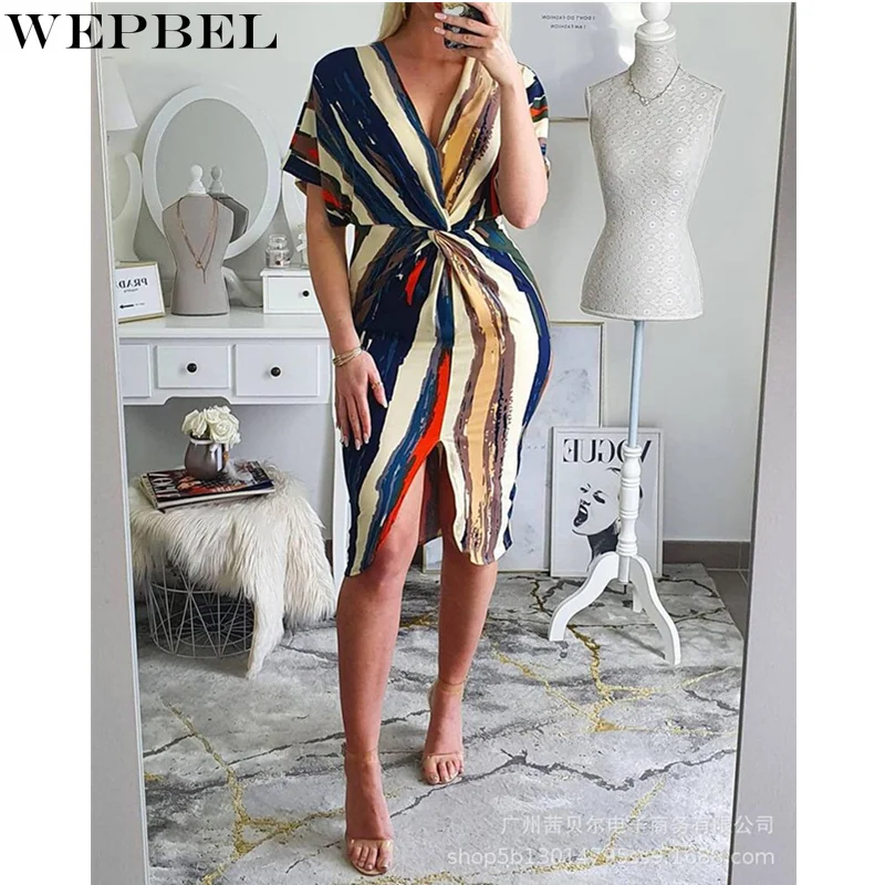 

Mandylandy Women's Stripe Patchwork Bodycon Dress Ladies Sexy Fashion Short Sleeve V Neck Wrap Waist Slit Midi Dress